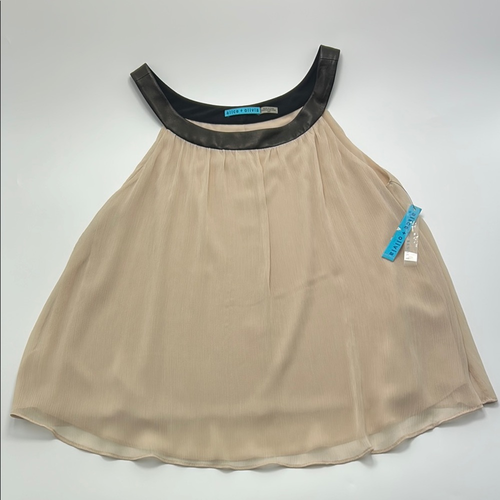 Alice + Olivia Antonia Sleeveless Blouse Medium $450 New Leather Straps luxe